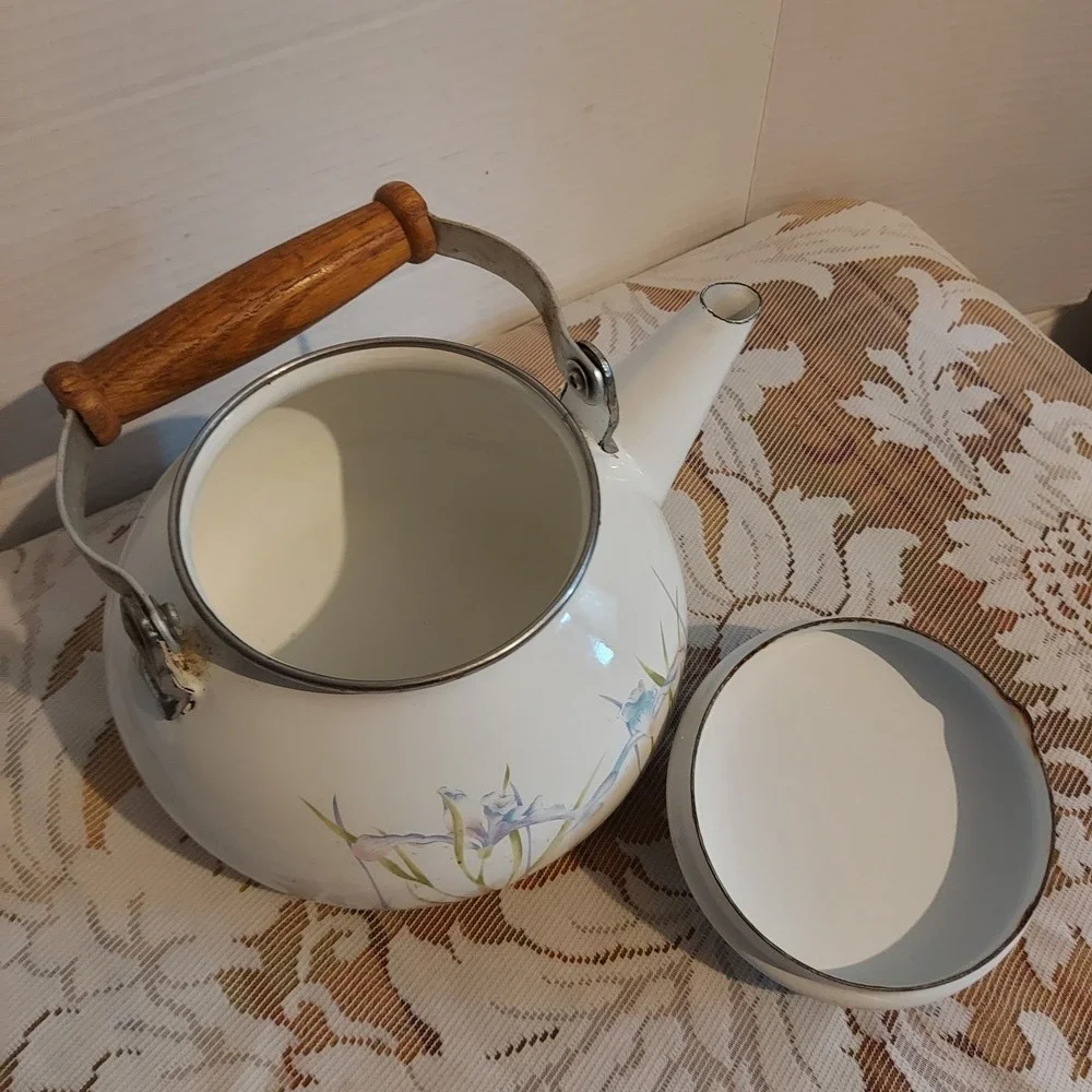 Vintage White Enamel Tea Kettle Purple Iris Floral Wood Handle 6x9 Inch